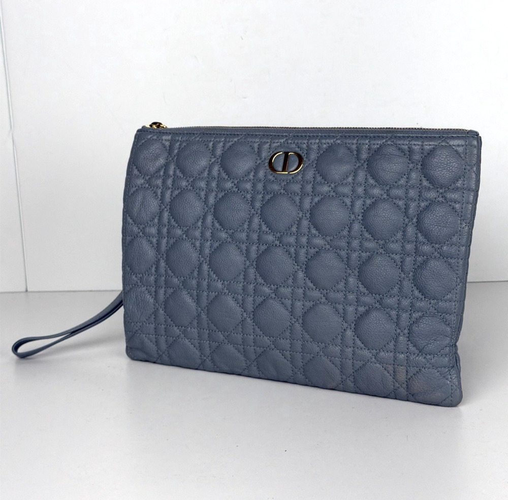 Christian Dior Caro Large Pouch Clutch Bag in Blue Quilted Calfskin Leather S03